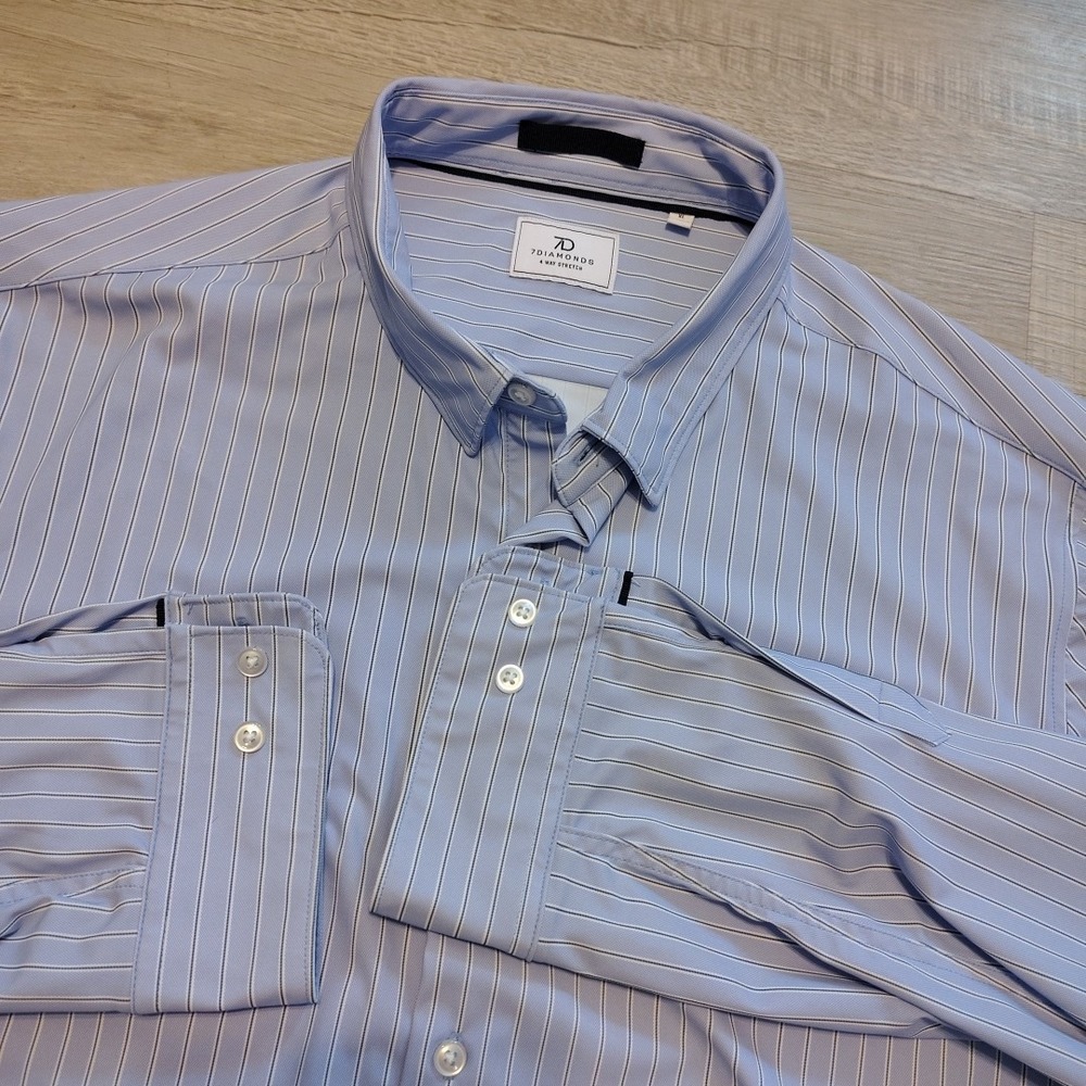 7 Diamonds 4 Way Stretch Charles Shirt Mens XL‎ Long Sleeve Light Blue Striped
